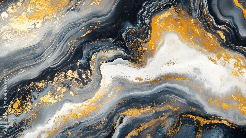 Poster Mesmerizing abstract pattern with swirling fluid textures and shimmering golden and metallic accents  Resembling natural geological formations like marble granite or agate