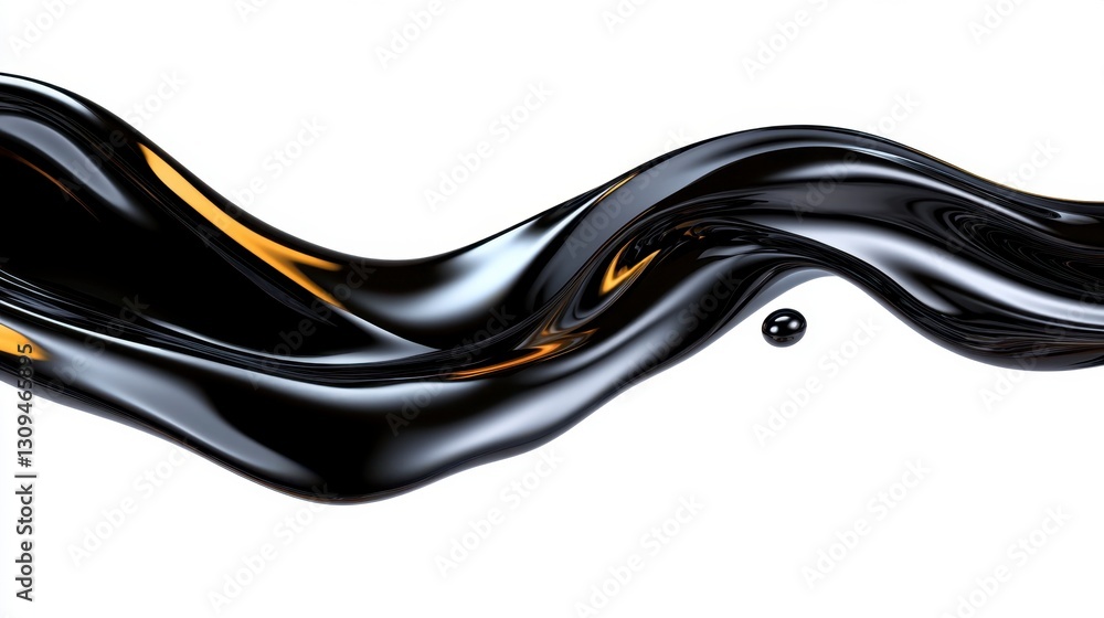 Poster abstract image of a flowing black liquid with golden highlights against a white background. the liqu