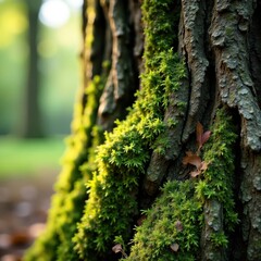 Deeply furrowed oak bark draped in vibrant green moss and grey lichen , grey, fungi