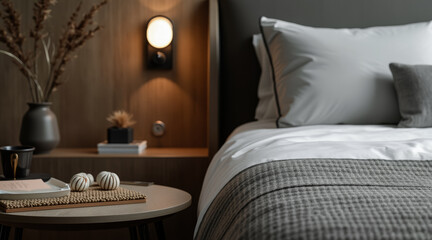 close-up of a neatly made bed with soft gray blanket and bedside table accessories in a cozy bedroom