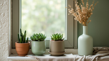 three potted succulents and dried flowers on a windowsill