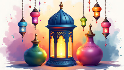 Obraz premium Colorful decorative lanterns and pots with glowing light on a vibrant artistic background