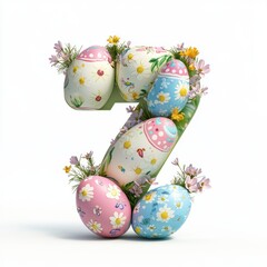 Of the number 7 made of colorful painted Easter eggs and delicate spring flowers, celebrating Easter, isolated on a clean white background