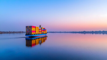 Cargo Ship Sailing Through Calm Waters Under A Colorful Sunset Sky