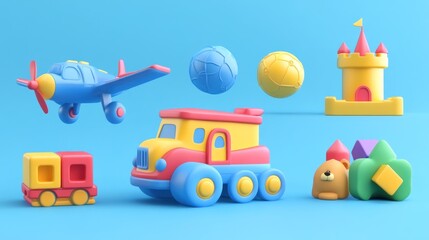 Colorful toys against blue background; kids play; fun