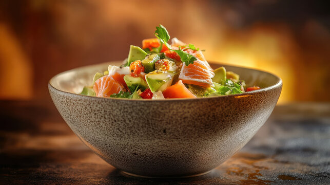 A gourmet take on classic Olivier salad, replacing traditional ingredients with avocado and smoked salmon, artistically arranged in a ceramic bowl with a minimalistic presentation