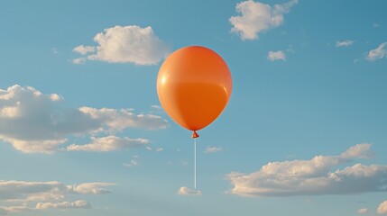 Single orange balloon floats in a blue sky with fluffy white clouds.