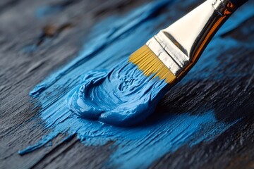 Fototapeta premium Blue paint brushing across aged wooden texture, highlighting artistic creativity and rich color palette