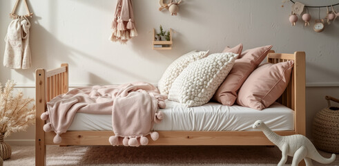 cozy wooden bed with plush pink blanket and soft pillows