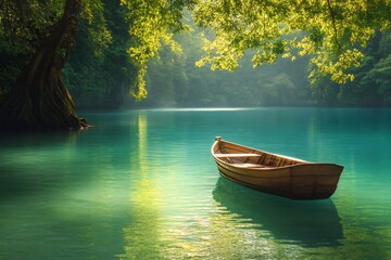Wooden boat drifting across mirror-like turquoise waters, encircled by verdant tropical foliage under golden sunlight