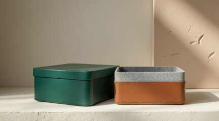 two stylish storage boxes in green and tan leather with felt interiors