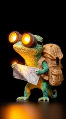 Pet uniform costume. A colorful, adventurous gecko figurine holding a map, wearing goggles, and carrying a backpack, ready for exploration.