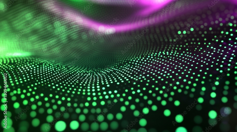 Poster abstract background with glowing green and purple particles forming a wave like pattern on a dark ba