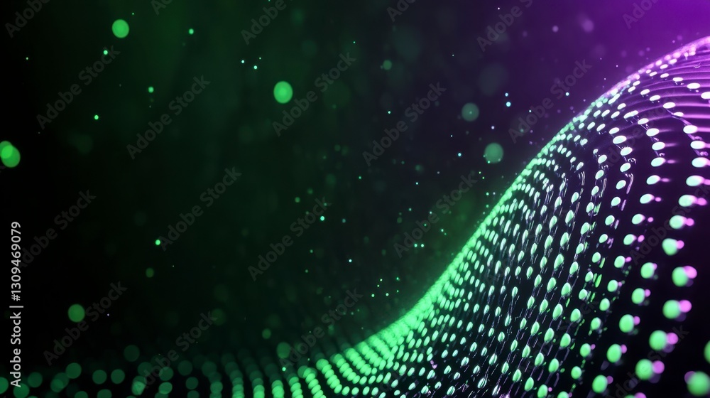 Poster abstract background with glowing green and purple particles forming a wave pattern on a dark backgro