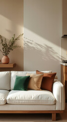 pristine white sofa with plush green beige and burnt cushions in a minimalist living room setting