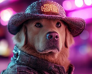 Pet uniform costume. A stylish golden retriever dog wearing a glittery hat and jacket, posing in a vibrant, colorful background.