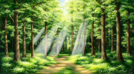 Obraz premium Sunlit Forest Path Illustration