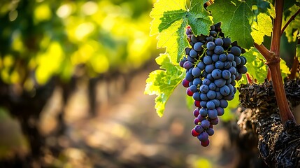 Naklejka premium A cluster of ripe red grapes hanging from a vine