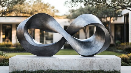 Naklejka premium Infinity metal sculpture in modern garden