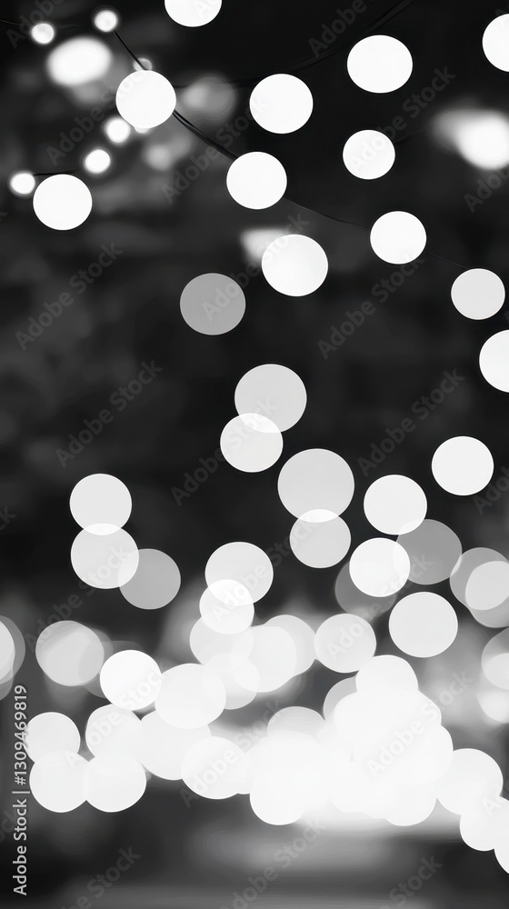 Poster abstract grayscale image of blurry white lights against a dark background, resembling bokeh effect f