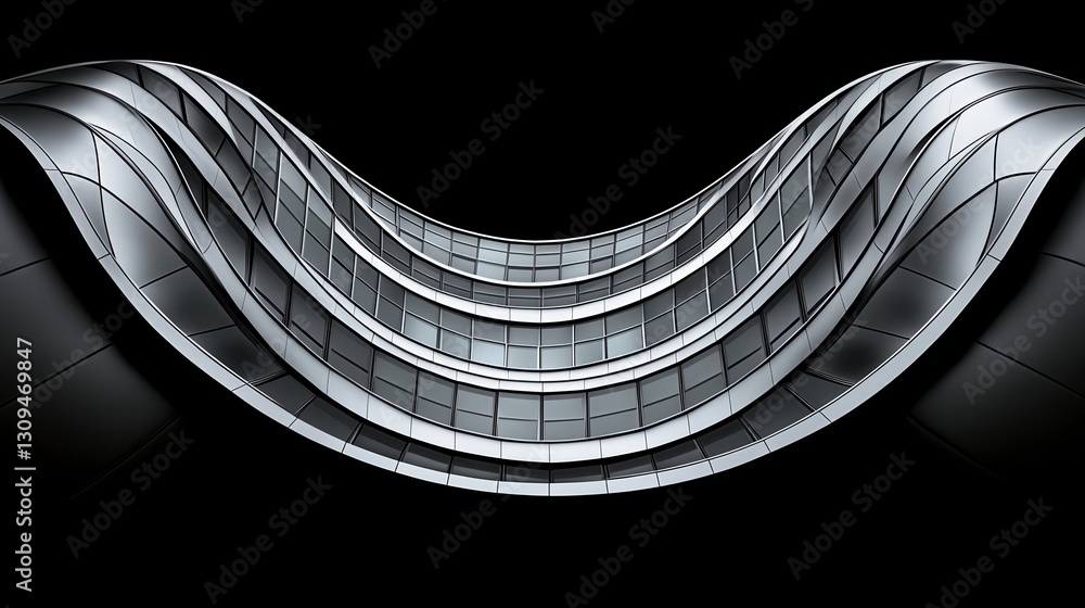 Poster abstract grayscale image featuring a curved, wave like form with textured surfaces. the design incor