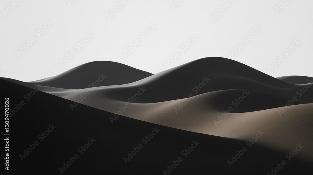 Poster abstract grayscale landscape with softly lit, undulating hills and subtle shadows, creating a serene