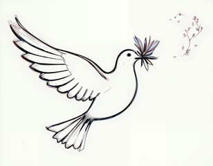 Obraz premium Dove Flying with Branch Drawing for Peace Hope and New Beginnings