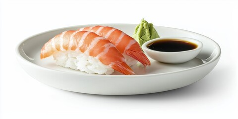 Realistic food icon of a plate of sushi nigiri with wasabi and soy sauce isolated on white background