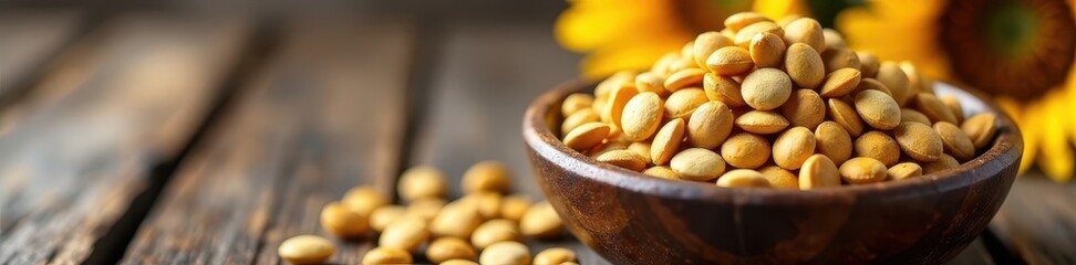 Fototapeta premium Handful of dried sunflower seeds, rustic wooden bowl, vegetarian, wooden