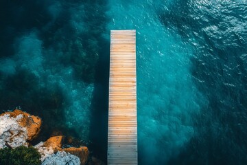 Aerial view of a wooden pier extending into the turquoise sea, creating a tranquil and inviting scene