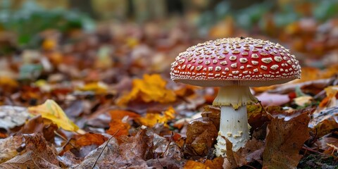 Red and white spotted fly agaric mushroom surrounded by autumn leaves