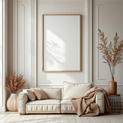 elegant beige sofa in a classic living room interior with an empty frame