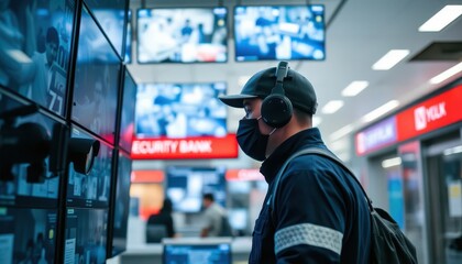 Security monitor operator overseeing surveillance footage in modern bank indoor environment professional setting
