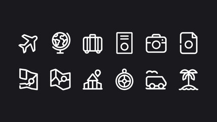Travel Vector Icon Set: Airplane, Globe, Camera, Map, Compass, and Luggage Icons for Adventure and Tourism Designs