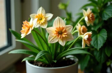 Vibrant orange and cream flowers bloom in indoor pot amidst greenery