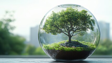 Tiny Tree in Glass Sphere, City View