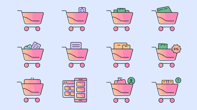 Shopping Cart Vector Icon Set for E-commerce, Online Shopping, Retail, and Digital Marketing - 12 Unique Designs for Your Projects