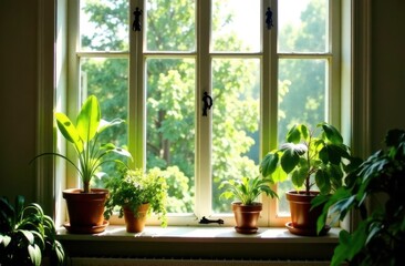 Fototapeta premium Bright indoor garden with sunlight filtering through a window in spring