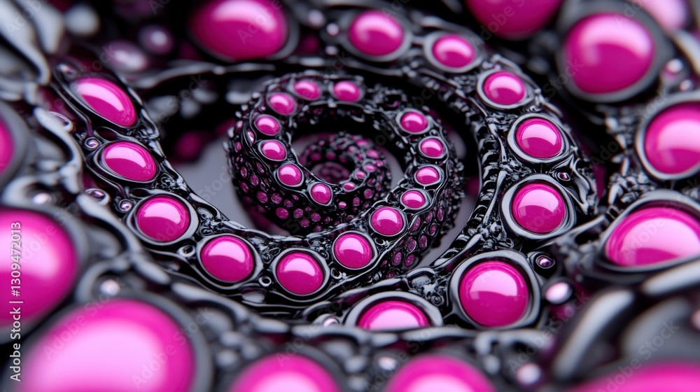 Poster abstract 3d rendering of a spiral structure composed of glossy magenta spheres and dark gray metalli
