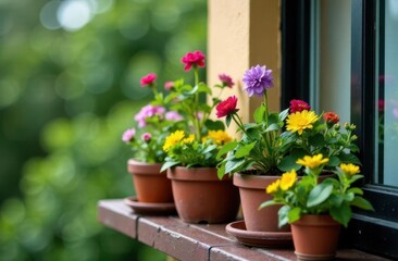 Beautiful flower pots on a sunny windowsill in a vibrant garden