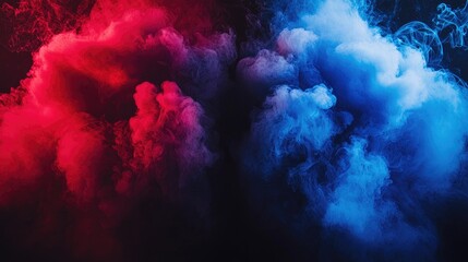 Fototapeta premium Red and blue smoke clouds swirl against black background. Abstract art, design, or music visual