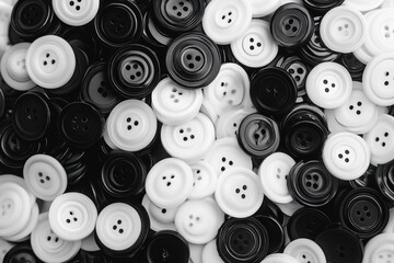 Fototapeta premium Black and White Buttons on a Fabric Surface in Random Arrangement