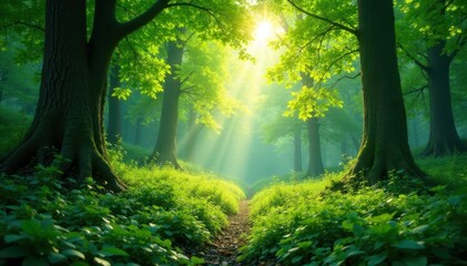 Obraz premium Lush green forest with vibrant foliage, sunlight dappling through leaves, beautiful, vibrant, sunlight