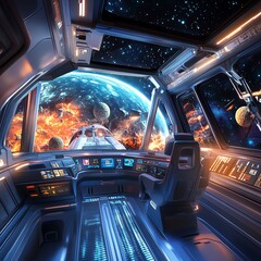 Futuristic spaceship control room with vibrant space scenery outside.