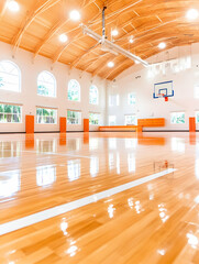 Bright, spacious indoor basketball court with polished wood floor and arched windows.