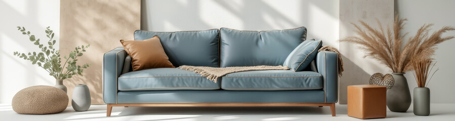 Fototapeta premium elegant light blue sofa with neutral pillows and throw in a modern living room