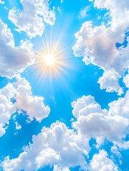 Bright sun shining through fluffy white clouds in a vivid blue sky. (2)