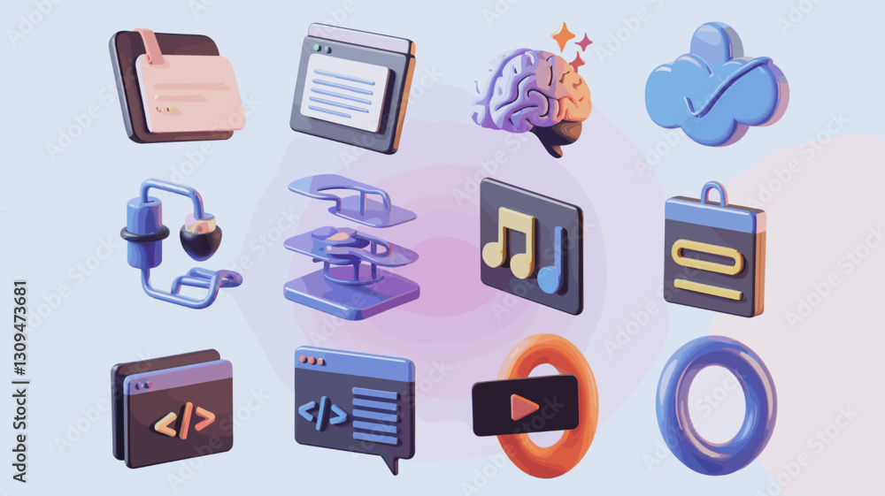 Poster vector icon set for web development, music, cloud technology, and creative design - modern flat icon