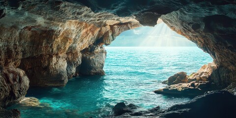 Naklejka premium Rocky sea cave opening to the ocean, light streaming in