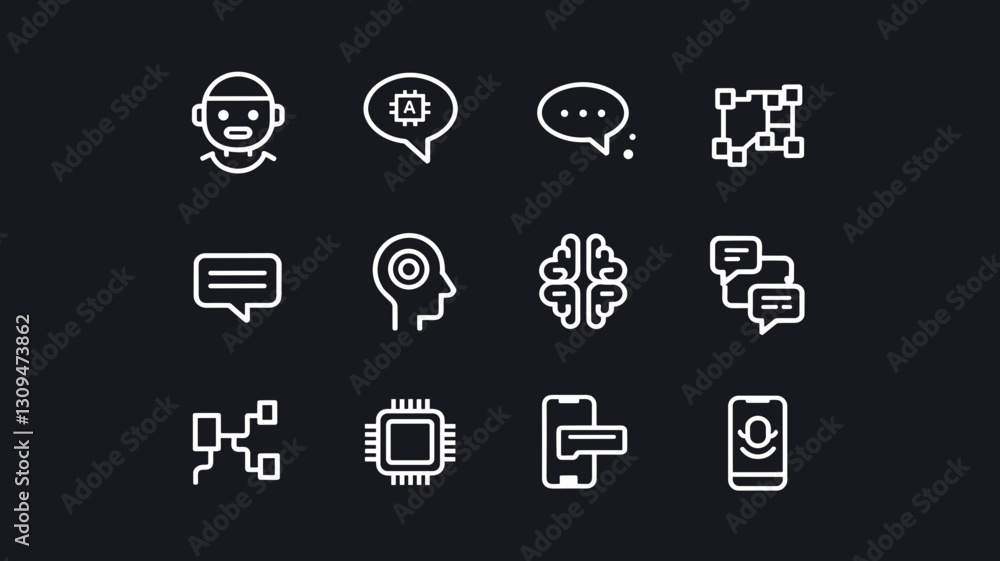 Poster vector icon set of communication, technology, and brain concepts for app design, user interface, and